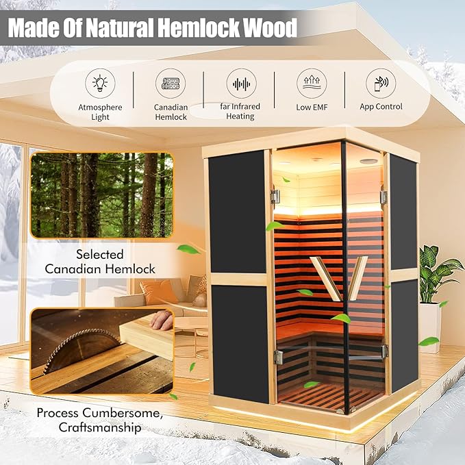 2 Person Sauna Infrared Saunas APP Control 7 Color Light 1980W Wooden Home Spa Room Canadian Hemlock Wood Low-EMF Indoor Saunas 47.2 * 47.2 * 75.6inch