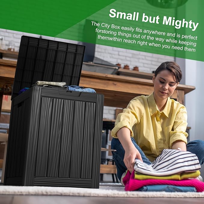 ROJIK Outdoor Storage Housing Deck Box - Waterproof Patio Furniture, Garden Tools, Cushions, Pool Accessories Storage Bench with Lockable Lid and Side Handles (Black, 28 Gal)