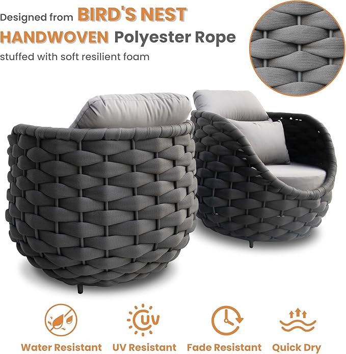 6 Pcs Woven Rope Outdoor Chair: Aluminum Patio Accent Chair with Arms - Assembled Cushioned Lounge Chair For 400lbs - Morden Porch Furniture Seating for Deck Balcony Garden Backyard Hotel Resort