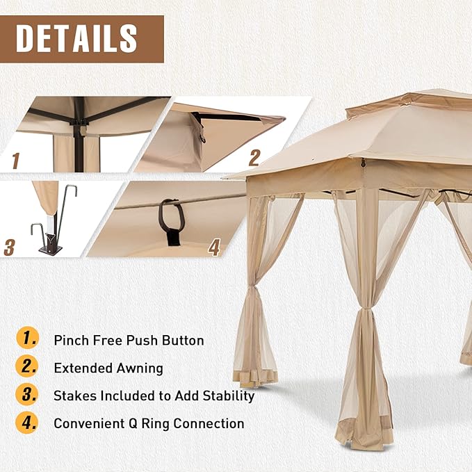 11x11 Outdoor Pop up Gazebo Tent with Mesh Walls for Patio, Lawn, Backyard and Deck, Khaki