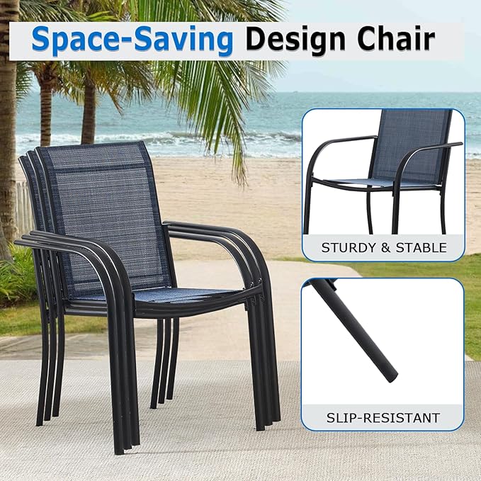 Outdoor Dining Chairs Set of 2, Stackable Patio Chairs with Textilene Fabric, Lightweight Garden Chairs for Poolside, Backyard, Camping, Dark Blue
