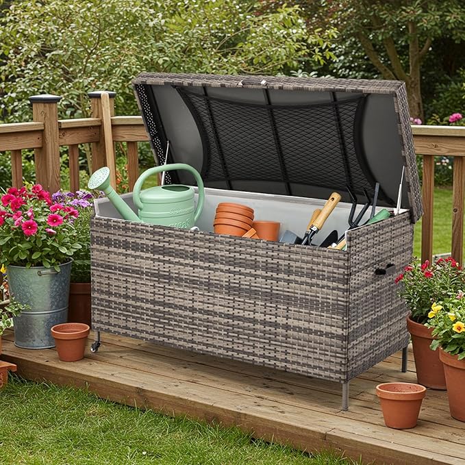 AVAWING 240 Gallon Wicker Deck Box, Outdoor Storage Box with Portable Wheels and Handles, Waterproof Patio Rattan Container for Garden, Balcony, Yard (Grey)