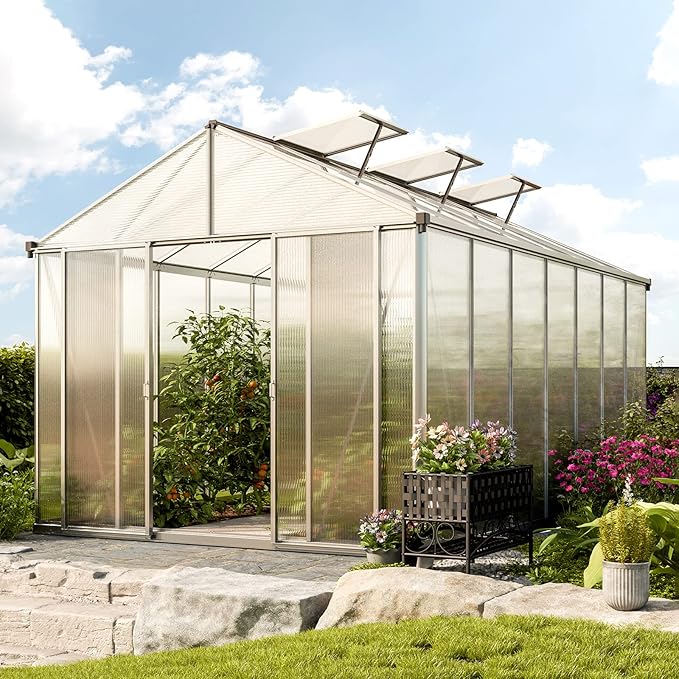 Greenhouse Rubin 7 Aluminum Frame 8.6 x 14.6 ft with Approx. 10 mm Polycarbonate Panels - with 2 Extra Skylights and 4 Automatic Window Openers