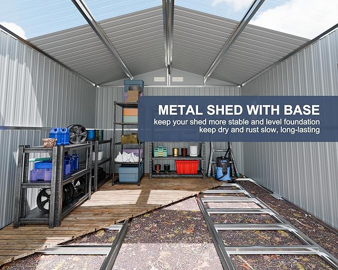 10x10 FT Metal Outdoor Shed with Floor Base Waterproof Large Tool House with Unique Clear Roof Skyview Windows Air Vents Door for Garden Patio Backyard Storage Lawnmower,Garage,Dark Grey