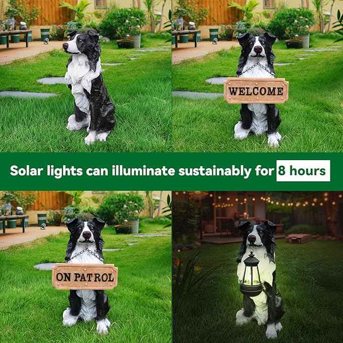 Border Collie Outdoor Dog Statue with Reversible “Welcome/ON Patrol” Plaque and Solar Path Lantern, Black & White Sitting Herding Dog Yard Accent