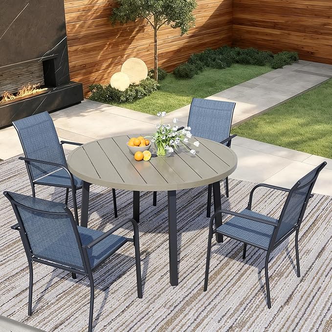 5 Pieces Round Dining Table Set for 4, Patio Dining Set Includes 4 Blue Stackable Patio Chairs and 1 Honey Oak Round Table, Patio Furniture Sets with Sling Support for Outside, Garden