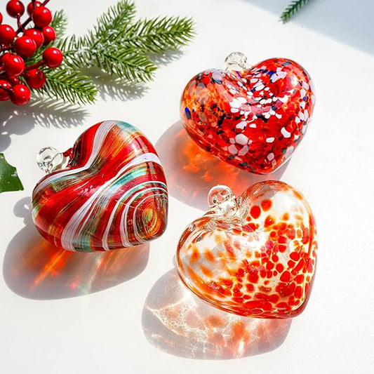 4inch Hand Blown Glass Red Heart Ornaments Hanging Friendship Hearts for Patio Garden Outdoor Decor Unique Gift for Mom