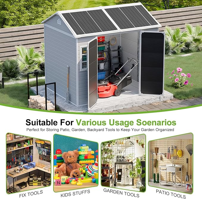 8x6 Shed, Heavy-Duty Outdoor Storage Shed with Floor, Waterproof Plastic Resin Garden Shed for Backyard, Tool Storage with Lockable Double Doors & Awning Windows