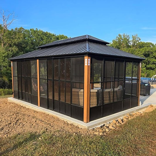 PURPLE LEAF 12' X 20' Patio Hardtop Gazebo Double Top Outdoor Screen House Aluminum Solarium Backyard Sun Room with Detachable Windows and 36 Solar String Light