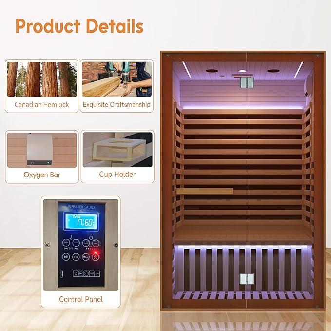 RIGO Sauna Infrared Far Infrared Sauna for Home Sauna 2 Person with Hemlock Wood Dry Sauna for Home Infrared Sauna 2 Person Low EMF Indoor Sauna for Two Person in Home Sauna 1950W with Speakers