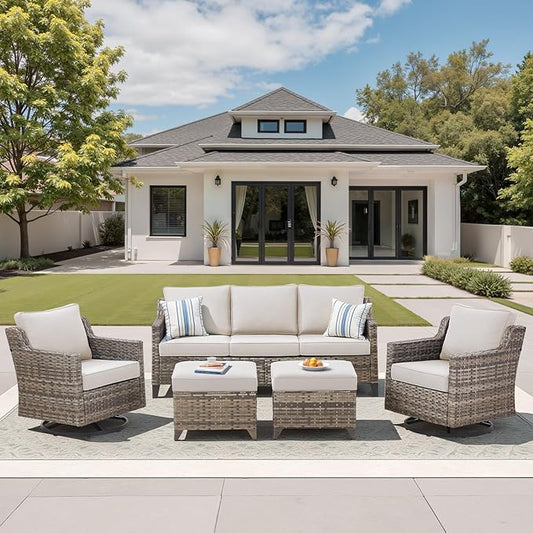 Patio Furniture Set, 5 Pieces Outdoor Wicker Rattan Sofa Couch with Rattan Chair, Ottomans and Comfy Cushions, All Weather Patio Conversation Sets, Suit for Porch Deck Garden