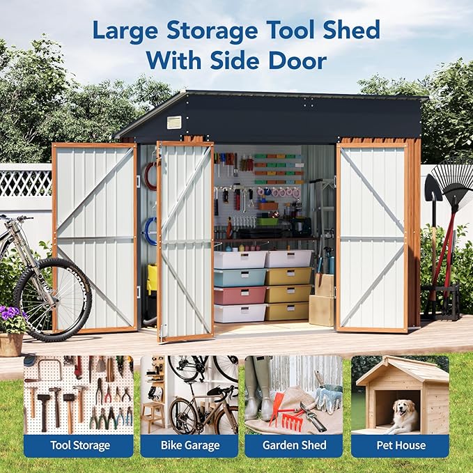 8x4 Ft Outdoor Metal Shed, Storage Shed with Floor & Triple Lockable Doors, Front & Side Door for Easy Access, Large Garden Tool Shed for Backyard, Patio, Lawn & Utility Storage