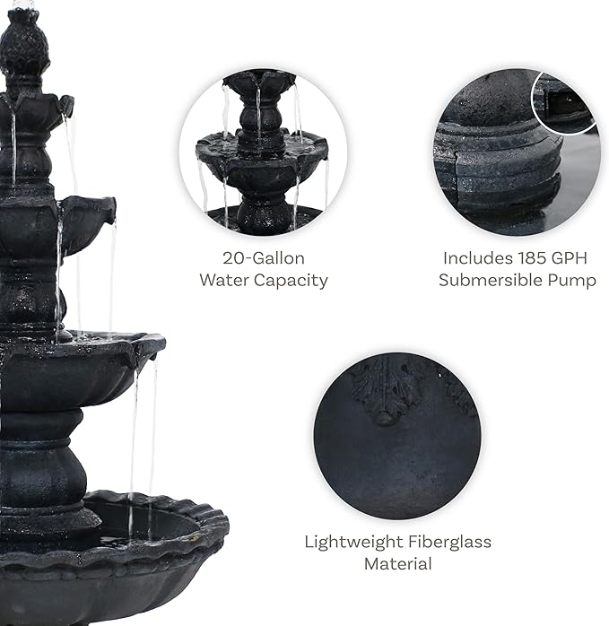 Sunnydaze Pineapple 52-Inch 4-Tier Outdoor Water Fountain - Tall Outdoor Fountain for Garden, Patio or Yard - Black