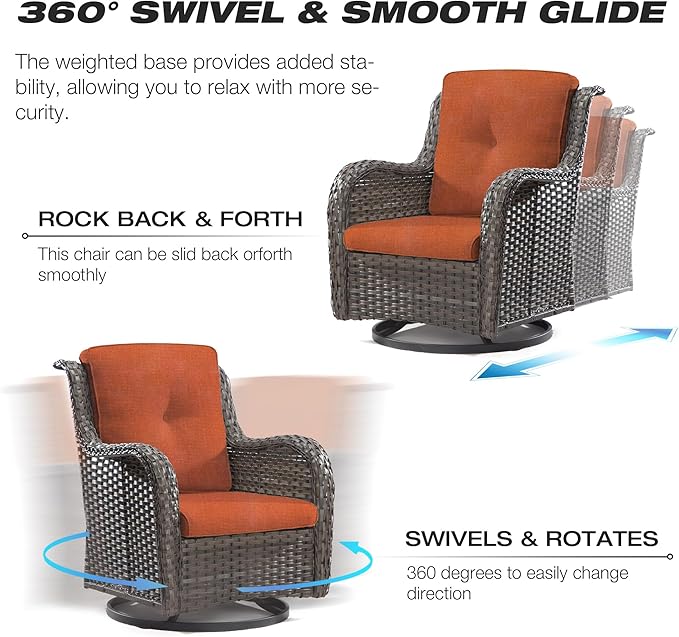 Joyside Wicker Patio Furniture Set 6 Piece Set with 1 Three-Seat Sofa, 2 Swivel Rocker Chairs, 2 Ottomans and 1 Side Table, Outdoor Furniture Patio Conversation Sets(Mixed Grey/Orange)