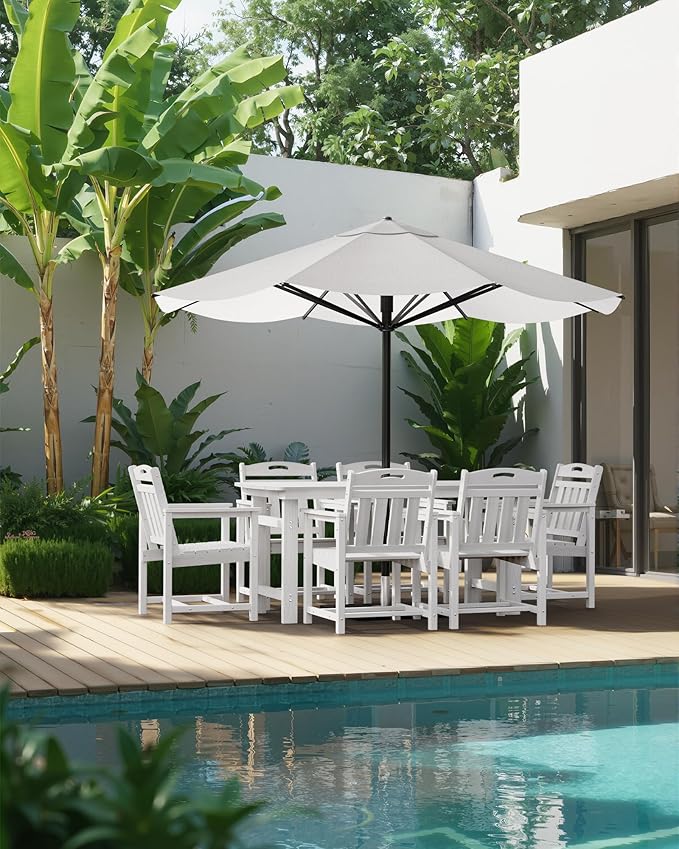 HDPE Outdoor Patio Dining Set with Table & 6 Chairs, All-Weather 7-Piece Outdoor Table and Chairs, 2" Umbrella Hole, Patio Furniture for Garden, Backyard, Deck | White