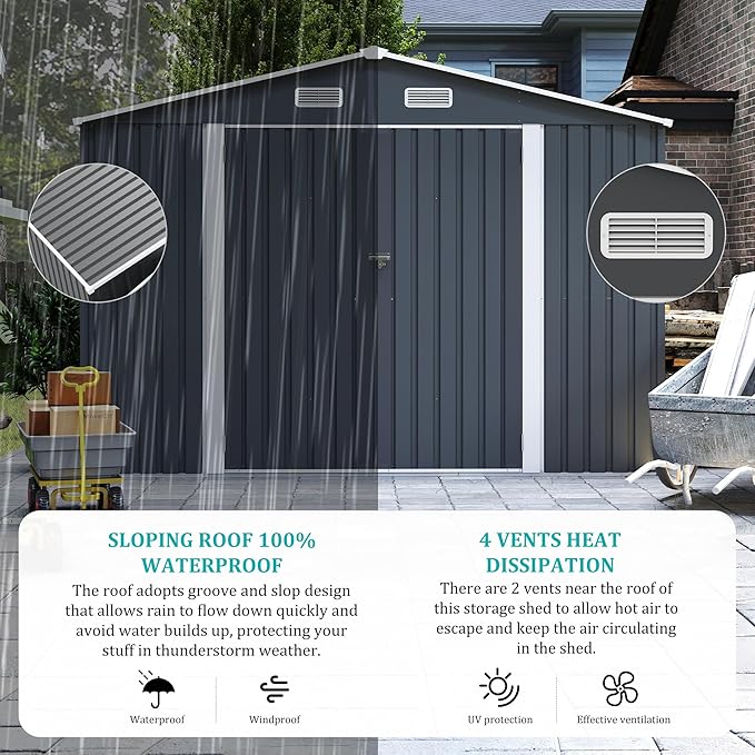 9x11 FT Outdoor Metal Storage Shed with Lockable Door, Steel Garden Utility Shed with Vents, Backyard Patio Tool Shed for Lawn Equipment, Bike, Firewood and Mower Storage, Gray