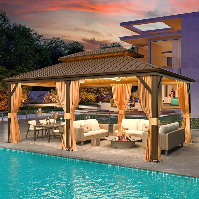 YOLENY 12' x 18' Gazebo Hardtop with Aluminum Frame,Galvanized Steel Double Roof Gazebos with Curtain and Netting,Outdoor Metal Pergolas for Garden, Lawn, Deck, Brown