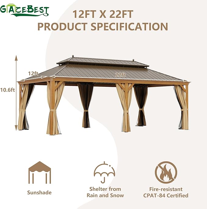 12' X 22' Hardtop Gazebo Outdoor Aluminum Patio Gazebo Double Roof Galvanized Steel Canopy Wooden Finish Coated with Netting and Curtains for Garden, Backyard, Deck and Lawns