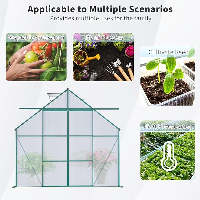 Favfurish 8×10 FT Greenhouses for Outdoors,Polycarbonate Greenhouse, Aluminum Heavy Duty Walk-in Garden Plants Green Houses, Raised Base and Double Sliding Door for Outside Backyard, Green