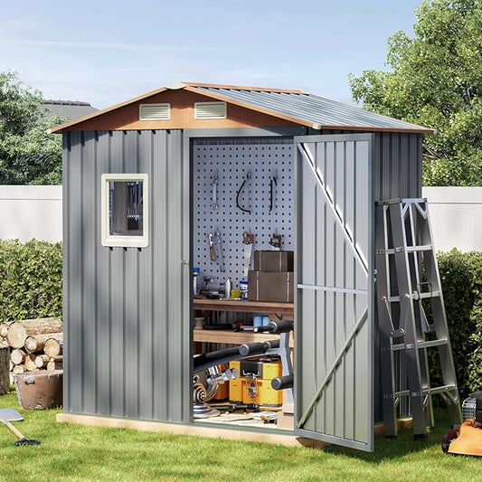 6x4FT Multi-Used Shed & Outdoor Storage,Steel Tool Shed with Frame Floor,Lockable Doors,Window,Vent,Compact Metal Tool Garden Shed for Garden, Backyard, Patio, Lawn and Various Storage(Matte Gray)
