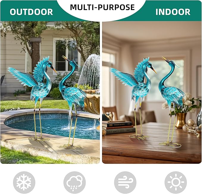 36.75in Metal Heron Garden Statue Handmade Oversize Crane Sculptures with Stable Ground Stakes, Backyard Decoration, Metal Garden Art