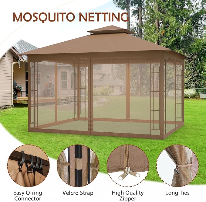 COOS BAY 10x12 Outdoor Patio Gazebo with Netting, Two-Tier Soft Top Canopy for Backyard, Lawn, Deck and Garden, Brown