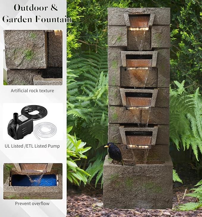 41.1" Outdoor Water Fountains Modern Fountain with LED Lights with Water Pump 4 Tier Floor Standing Outdoor Waterfall Fountain for Garden, Yard, Home Decor, Patio, Yellow