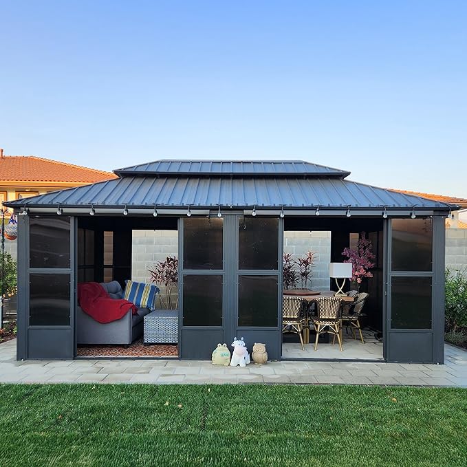 PURPLE LEAF 12' X 20' Sunroom with Light Permanent Hardtop Gazebo Solarium Galvanized Steel Double Roof Aluminum Outdoor Screen House for Patio Deck Backyard Grey
