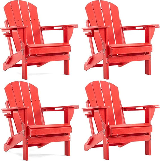 Folding Adirondack Chair, HDPE Outdoor Texture Lawn Chair with Reclining Back, Cup and Phone Holder - Comfortable Firepit Chair Weather Resistant for Patio or Backyard (Red, Set of 4)