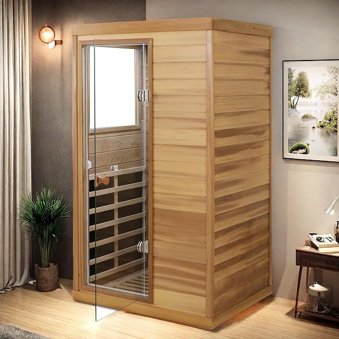 Infrared Sauna Single Person Mini Red Cedar Far Infrared Home Sauna Box with The Left Glass Door, LCD Display, BT Speaker, LED Reading Light, Natural Wood + Caramel