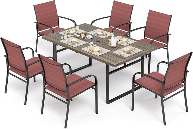 7 Piece Patio Dining Set for 6, 64”Rectangular Wood-Like Dining Table with Umbrella Hole, 6 Metal Red Chairs, Outdoor Table and Chairs Set for Lawn Backyard and Deck