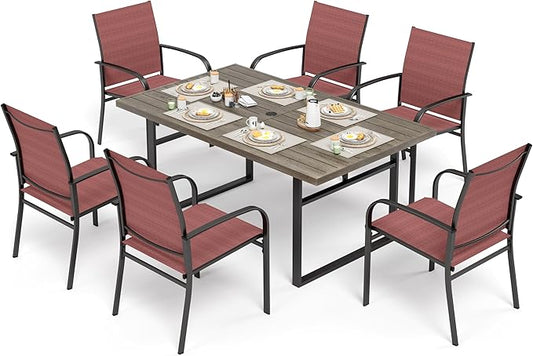 7 Piece Patio Dining Set for 6, 64”Rectangular Wood-Like Dining Table with Umbrella Hole, 6 Metal Red Chairs, Outdoor Table and Chairs Set for Lawn Backyard and Deck