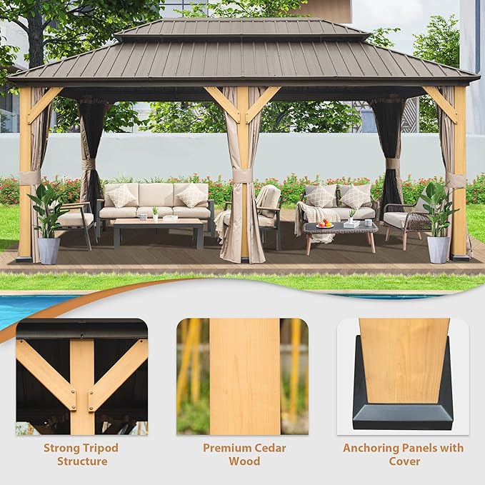 Domi Hardtop Gazebo 12’x20’ Cedar Frame Wood Gazebo with Galvanized Steel Double Roof, Outdoor Permanent Metal Gazebos with Curtains and Netting for Patio,Deck,Backyard