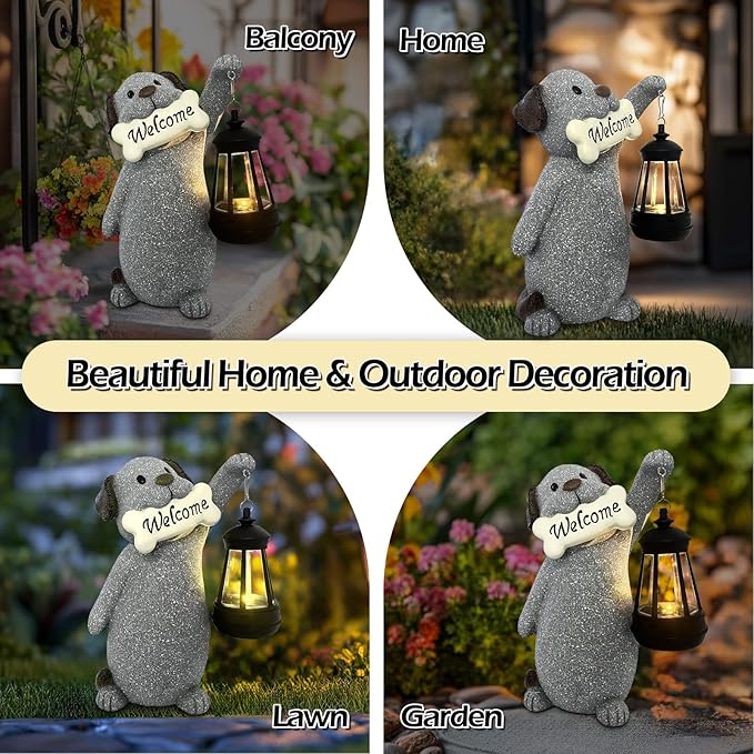 Dog Garden Statue with Solar Lantern, Cute Dog Figurine Light Decor with Welcome Sign for Outdoor Patio Balcony Yard Art, Warming Unique Resin Statue for Mom Grandma Women