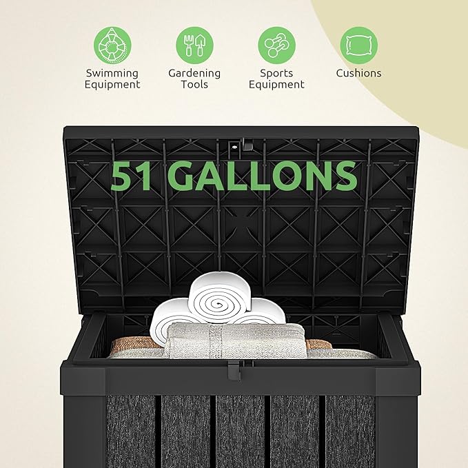 GOOBED Outdoor Storage Box, Weather-Resistant Resin Deck Box, 51-Gallon Storage Container for Patio Cushions, Pool Accessories, Garden Tools, Lockable, Easy Maintenance, Black