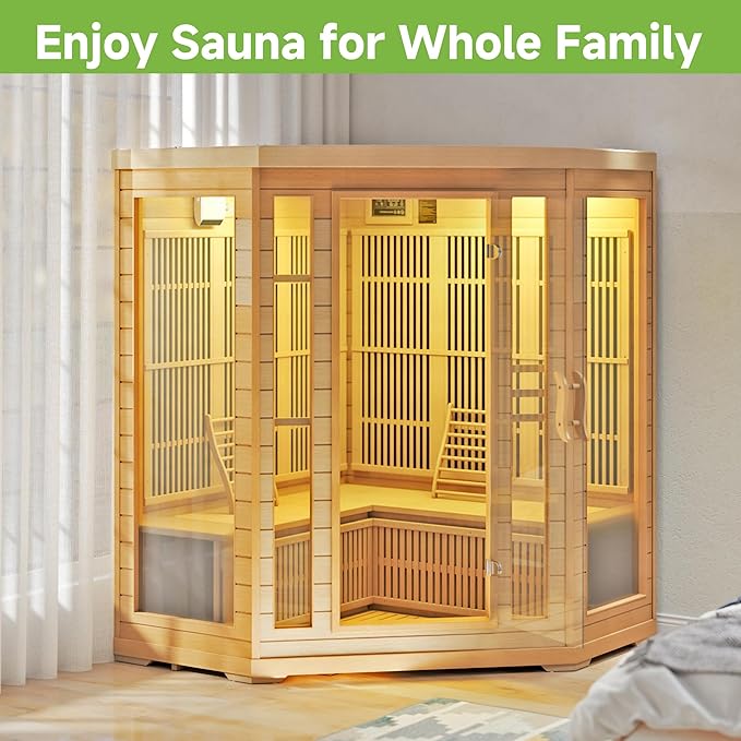 Infrared Sauna Room for Home, 4 Person Indoor Home Sauna Spa, Far Infrared Canadian Wooden Corner Saunas with 10 Low Emf Heaters, Bluetooth Speakers, 7 Color Chromotherapy Lights