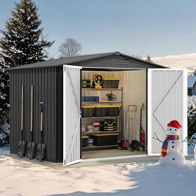 DWVO 8x6FT Outdoor Storage Shelter, Roomy Steel Tool Shed with Secure Entrances & Air Circulation for Patio, Lawn, and Backyard, Ideal for Storing Garden Gear, Lawn Tools, and Bikes, Dark Gray