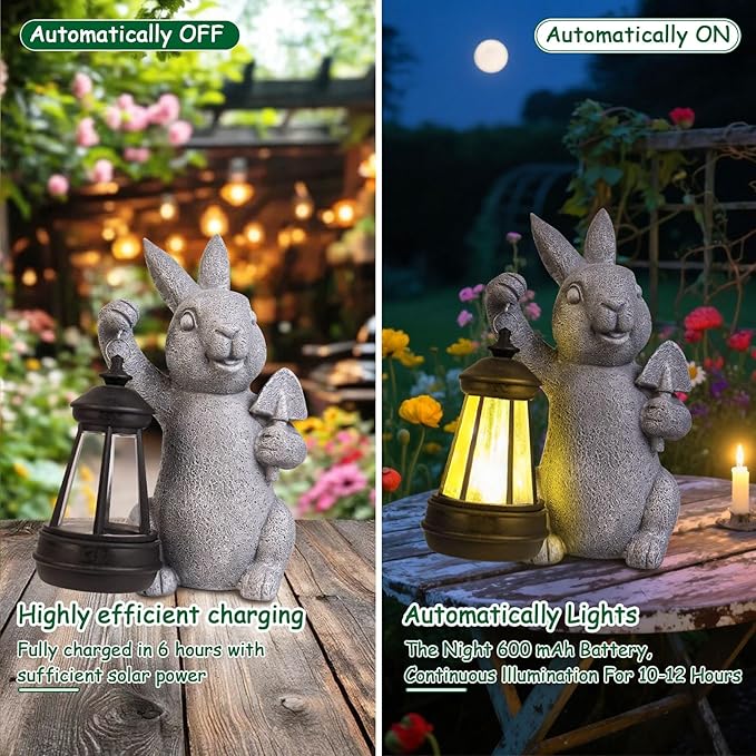 Rabbit Statue Garden Ornaments Art Outdoor Decoration with Solar Powered LED Lights Decor for Patio,Balcony,Yard, Mum Birthday Gifts, Garden Gifts for Women