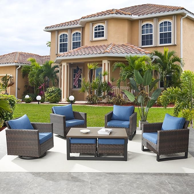 Wicker Patio Furniture Set：7 Piece Outdoor Patio Furniture Set with 2 Swivel Patio Chairs 2 Single Chairs a Coffee Table and 2 Ottomans, Brown Wicker/Blue Cushion