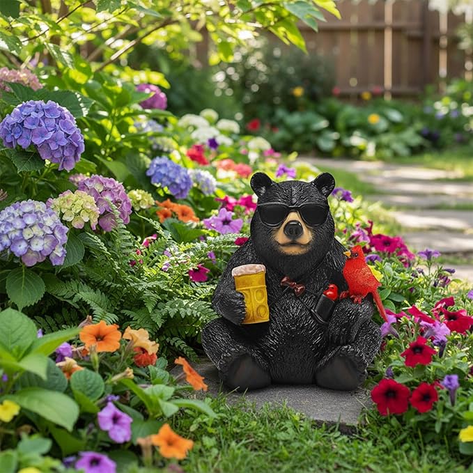 Solar Black Bear Statue for Garden with Beer and Cardinals 6.3" Resin Garden Statues for Outside Yard Paito Porch Decor Birthday Gardening Gifts for Women Mother Sister Grandmother Wife
