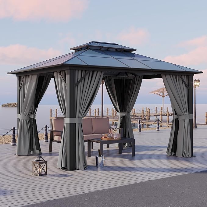 Aoxun 10'x12' Hardtop Gazebo, Aluminum Framed Outdoor Gazebo with Double Polycarbonate Roof, Durable Pavilion with Curtains & Netting for Patio, Garden, and Lawn