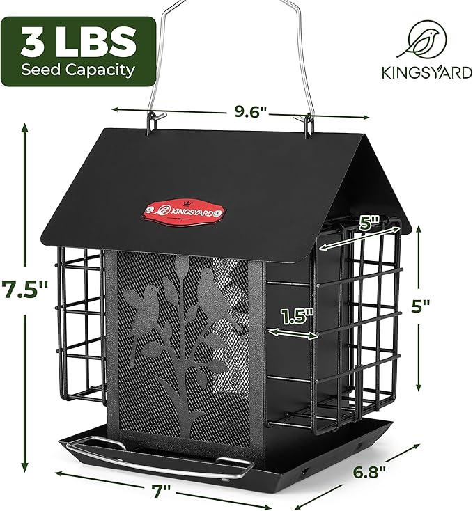 Kingsyard Metal Bird Feeder for Outdoor Hanging, Wild Bird Feeder with Double Suet Cage, Weatherproof Roof and 3 lbs Large Seed Capacity, Black