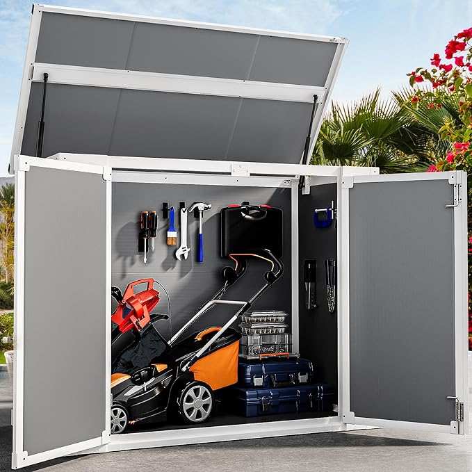 DWVO 41Cu.ft Horizontal Resin Storage Shed Without Shelf, All Weather 4.7x2.5 FT Outdoor Storage Shed with Hydraulic Struts, 3 Locks, Lockable to Floor for Garden Tools, Trash Cans, Gray