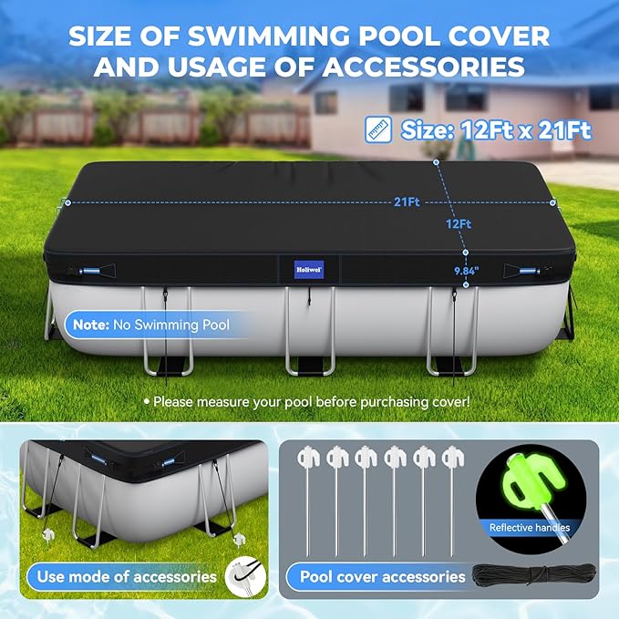 12x21 Ft Rectangular Pool Cover with Reflective Strips for Above Ground Pool, 420D Swimming Pool Cover for Rectangular or Oval Frame Pools, Solar Cover with Drawstring and Ground Nails