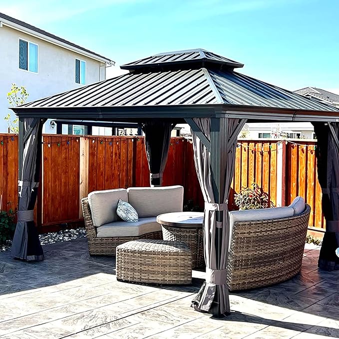 Domi 10' X 12' Hardtop Gazebo Outdoor Metal Gazebo with Galvanized Steel Double Roof Canopy, Aluminum Frame, Curtains and Netting for Patio, Deck, Garden, Grey