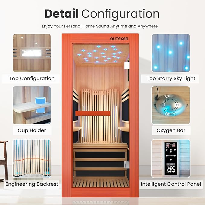 Infrared Sauna 1495W Wooden Saunas Spa Room Pacific Clear Cedar Wood Single Person Indoor Saunas with Special Shaped Comfortable Backrest 32.68 * 47.24 * 69.29 Inch
