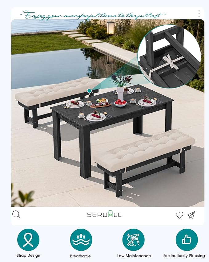 SERWALL Patio Dining Set for 4, Outdoor Dining Sets for 4 Person with 1 Umbrella Hole Cut-Out Rectangular Table and 2 Benches, HDPE Dining Sets for Garden, Backyard, Poolside, Black