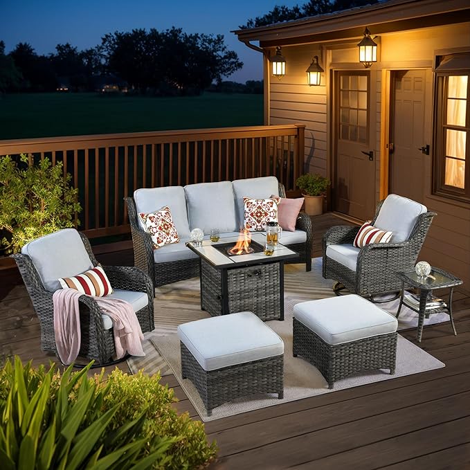 HOOOWOOO Patio Furniture Set,7 Piece Outdoor Furniture Set with Fire Pit Table,Wicker Patio Conversation Couch Swivel Chairs Ottoman Set,Light Gray