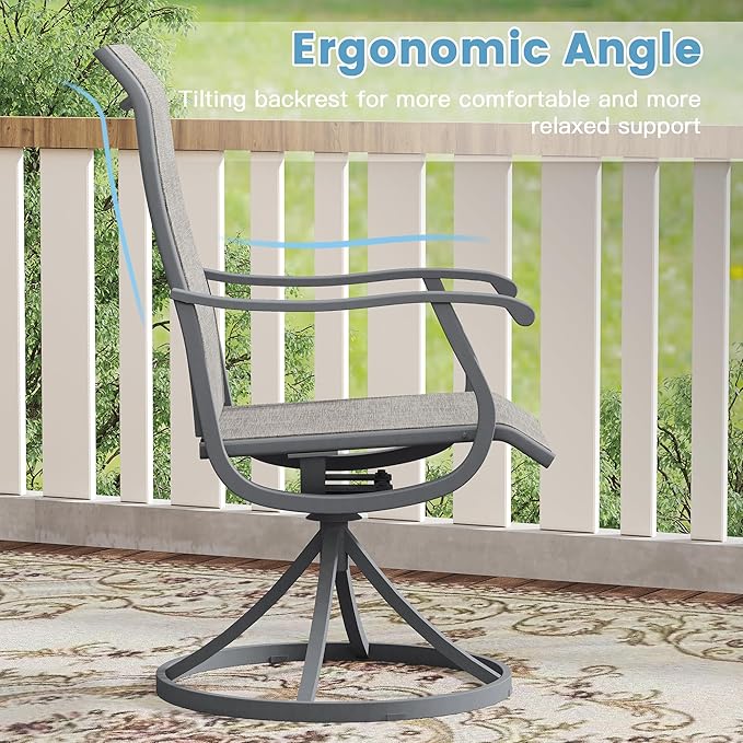DIFY 5 Pieces Outdoor Patio Dining Set, 4 Grey Textilene Swivel Dining Chairs and 40.6" Grey Wood-Like Round Metal Dining Table, Outdoor Table and Chairs