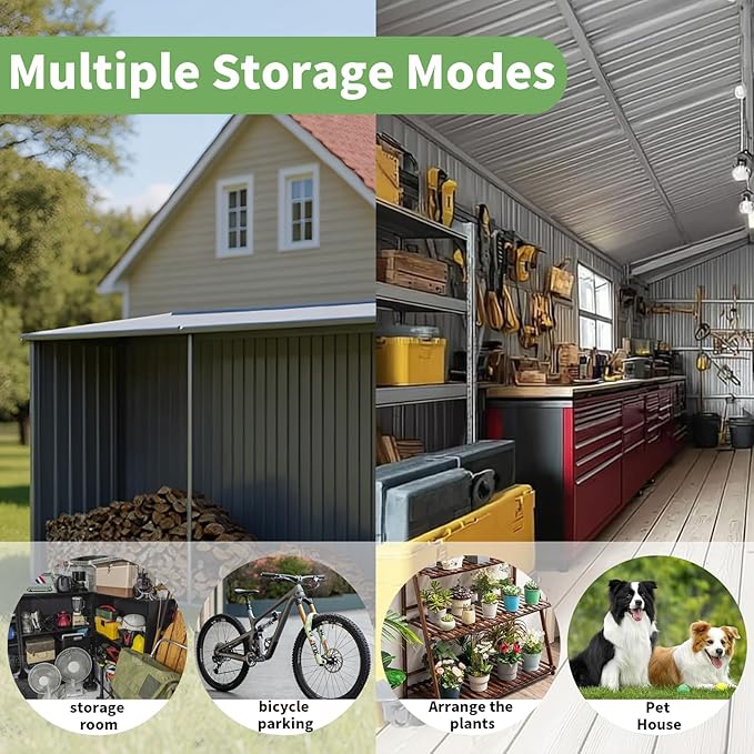 13ft x 11ft Dual Purpose Outdoor Shed: All-in-One Metal Tool Storage & Firewood Rack | Winter-Ready Design | Grey Galvanized Steel
